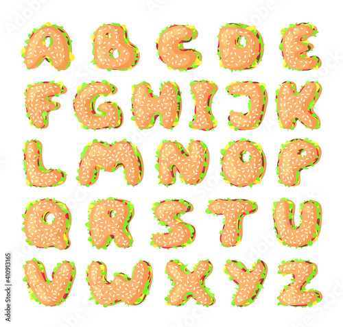Hand Drawn Cartoon Burger Alphabet. Fast Food Vector Font. Tasty Illustration Meal and Text. Flat Style Collection