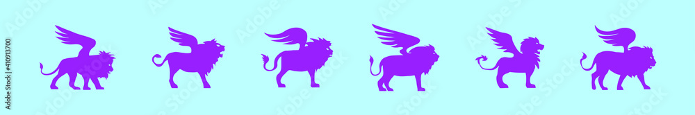 set of winged lion cartoon icon design template with various models. vector illustration isolated on blue background set of winged lion cartoon icon design template with various models. vector illustration isolated on blue background