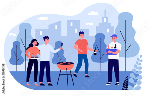 Cheerful friends having fun on BBQ picnic. Barbeque, nature, park flat vector illustration. Leisure and weekend concept for banner, website design or landing web page