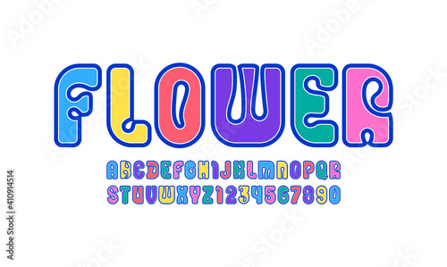 Trendy font, alphabet in the cartoon style, modern rounded letters and numbers, vector illustration 10EPS