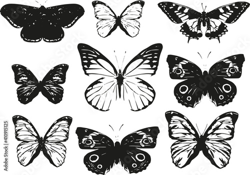 Set of black and white vector butterflies