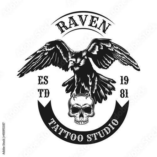 Raven emblem design. Monochrome element with wild crow carrying skull vector illustration with text. Horror concept for tattoo studio stamps and labels templates