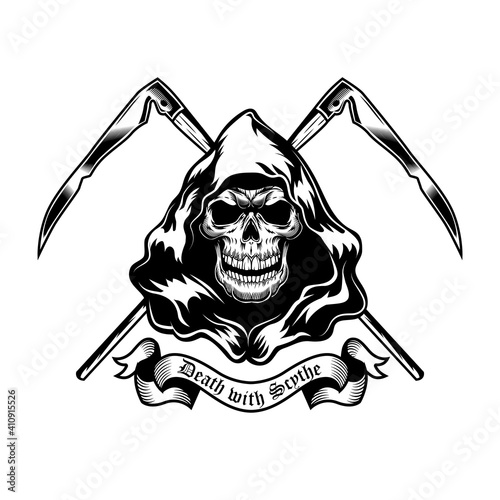 Death and crossed scythes emblem design. Monochrome element with skull in black hood vector illustration with text. Horror and myth concept for symbols and labels templates