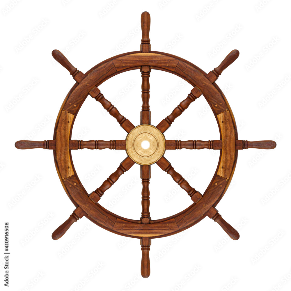 Wooden steering wheel ship isolated on white with clipping 
