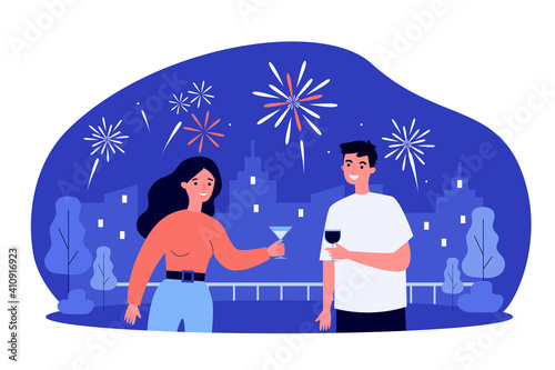 Happy couple watching fireworks and drinking wine. Glass, date, holiday flat vector illustration. Relationship and celebration concept for banner, website design or landing web page