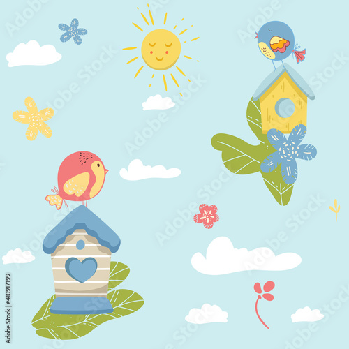 Romantic spring pattern with birds, flowers sun. Seamless pattern can be used for wallpapers, pattern fills, web page backgrounds, surface textures.