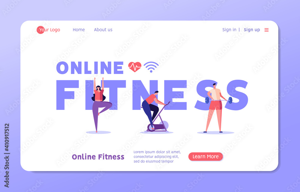 Man on a stationary bike, athlete with a barbell, woman doing yoga. Concept of online fitness, online gym, workout at home, video exercise, smart sports equipment. Vector illustration in flat design Man on a stationary bike, athlete with a barbell, woman doing yoga. Concept of online fitness, online gym, workout at home, video exercise, smart sports equipment. Vector illustration in flat design