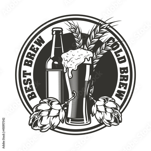 Best brew emblem design. Monochrome element with glass and bottle of beer, hops and wheat vector illustration with text. Alcohol and brewery concept for stamps and labels templates