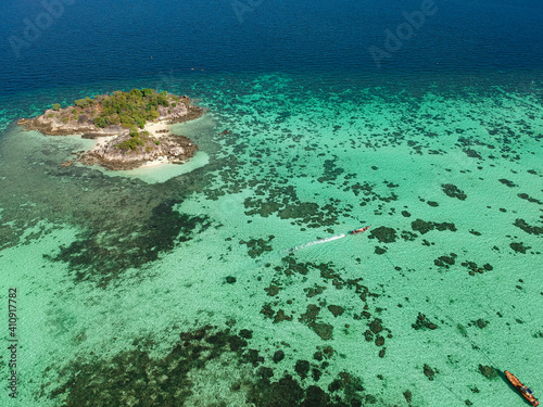 A top view over Koh Lipe island with the crystal clear water.