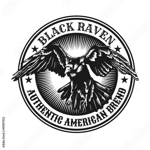Flying raven emblem design. Monochrome element with wild crow flight vector illustration with text. Horror concept for stamps and labels templates