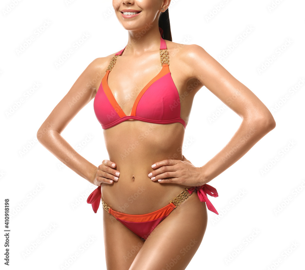 Sexy young woman in stylish swimsuit isolated on white, closeup. Beach body goal Sexy young woman in stylish swimsuit isolated on white, closeup. Beach body goal