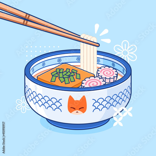 cute japanese kitsune udon in blue fox bowl (ID: 410918957)