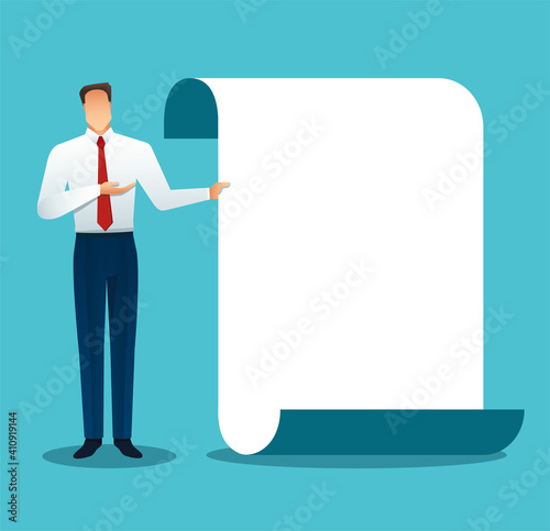 Businessman making a presentation, pointing to the screen. Vector illustration