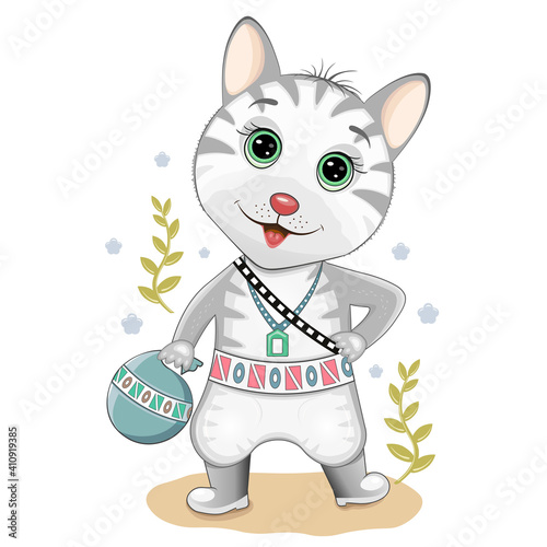 Vector illustration of a cat with a bag in his boots. Isolated on a white background.