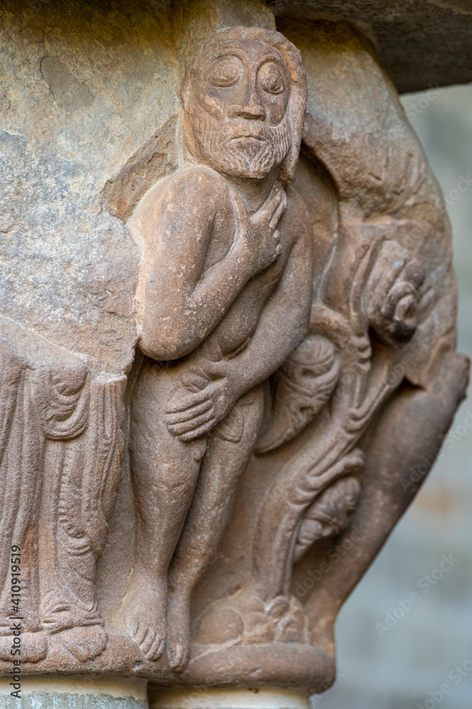 Naked Adam, romanic cloister, Royal Monastery of San Juan de la Peña, Botaya, Huesca, Aragon, Spain