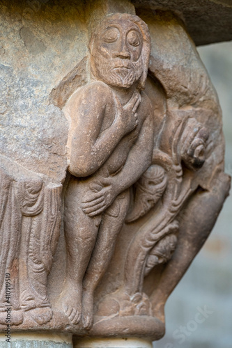 Naked Adam, romanic cloister, Royal Monastery of San Juan de la Peña, Botaya, Huesca, Aragon, Spain