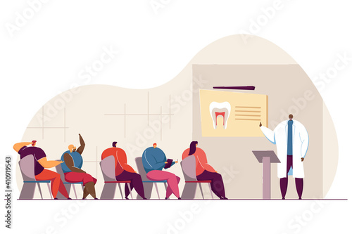 Dentists conference vector illustration. Doctor speaking before audience, giving lecture or seminar to college students in classroom. For lecture, workshop, dentistry, education concept