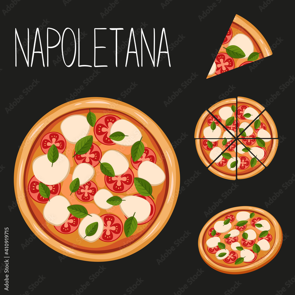 Pizza in neapolitan style vector illustration. Set of pizza slices and circle
Pizza in neapolitan style vector illustration. Set of pizza slices and circle