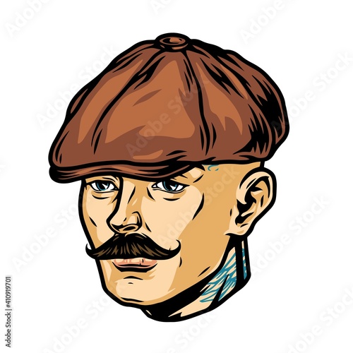 Mustached tattooed man head in irish cap