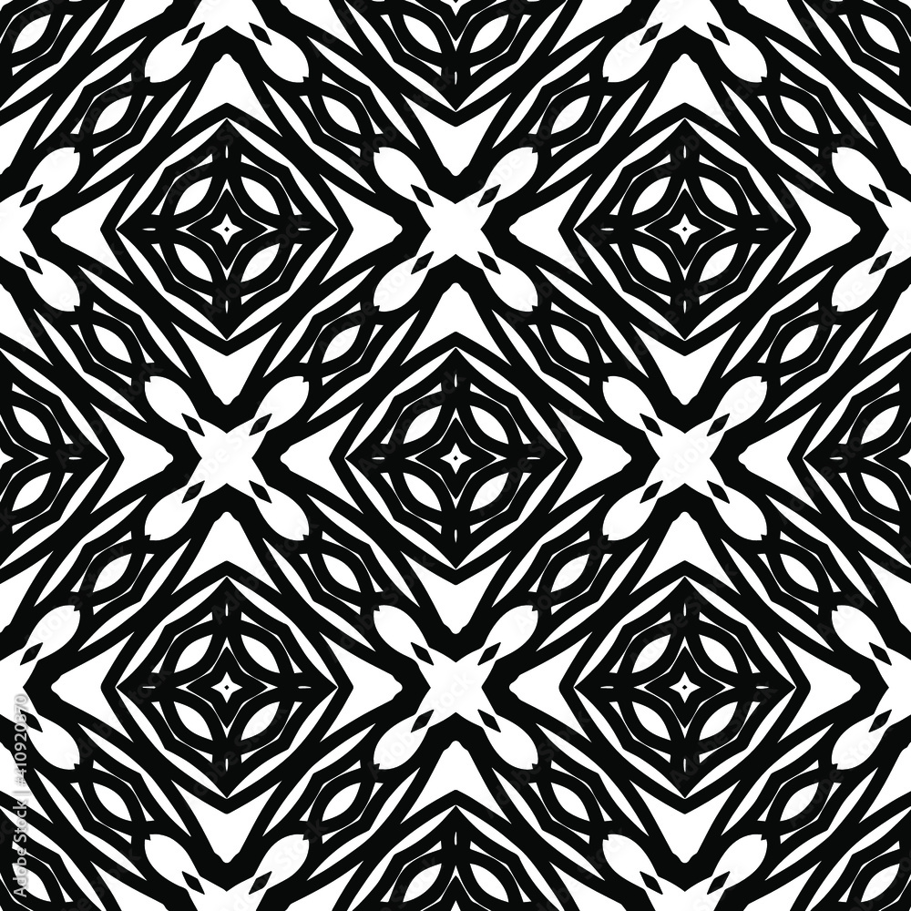 Geometric vector pattern with triangular elements. Seamless abstract ornament for wallpapers and backgrounds. Black and white colors.
Geometric vector pattern with triangular elements. Seamless abstract ornament for wallpapers and backgrounds. Black and white colors.