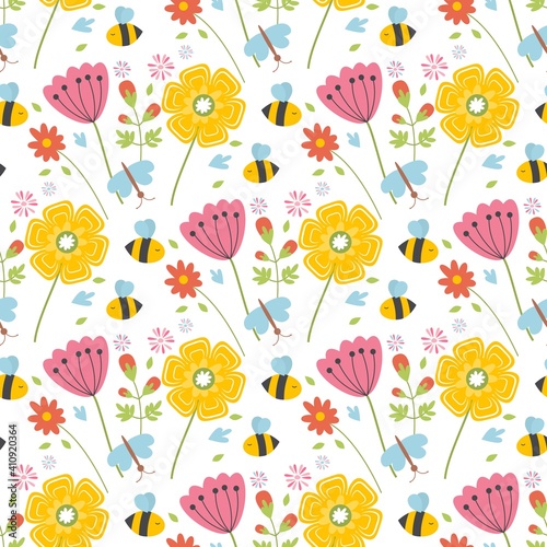 Easter spring seamless pattern with cute animals, birds, bees, butterflies.