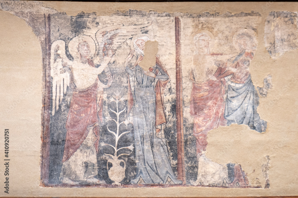 Annunciation by the archangel Saint Gabriel, 14th century wall paintings of Urries,  church of San Esteban de Urries, Diocesan Museum of Jaca, Huesca, Spain