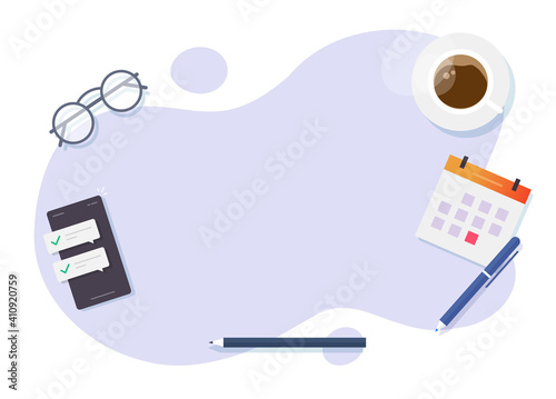 Workplace business table top view empty blank template vector flat lay cartoon illustration, office working desk from above for copy space text, education or learning workdesk modern design