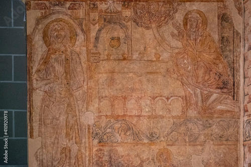 Saint Lucia with her mother visiting the tomb of Saint Agueda,, wall paintings of Osia, XIII century, hermitage of Nuestra Señora del Rosario, Osia, Diocesan Museum of Jaca, Huesca, Spain