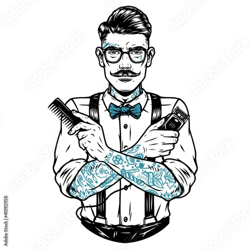 Mustached stylish barber in eyeglasses