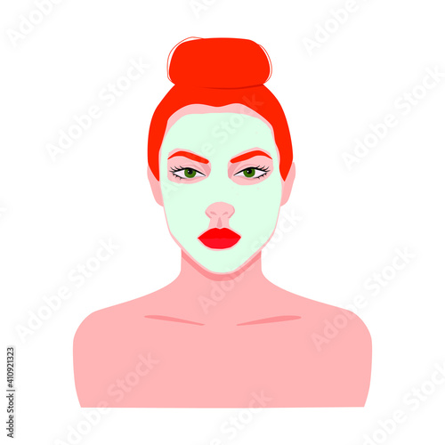 woman with red hair and red lips makes a cosmetic face mask. Vector illustration of cosmetic face care