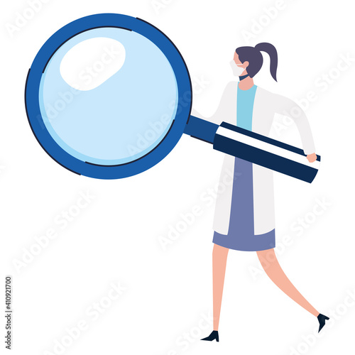 female doctor wearing medical mask lifting magnifying glass vector illustration design