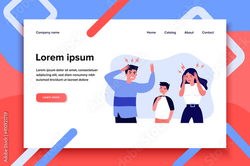 Man and woman tired of migraine. Cartoon people suffering from headache flat vector illustration. Depression and headache concept for banner, website design or landing web page