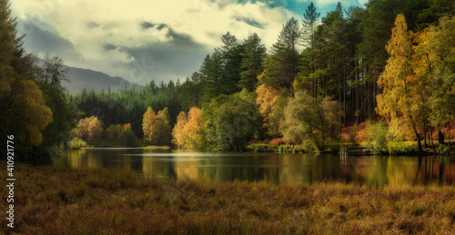 Fototapet Autumn woods on a lake in the mountains