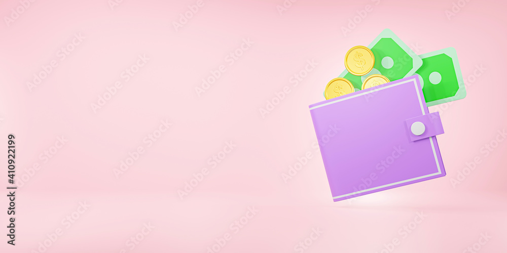 Wallet and a lot of money, concept saving money for finance accounting - 3D render Wallet and a lot of money, concept saving money for finance accounting - 3D render