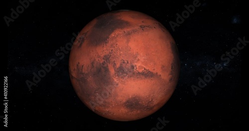 Realistic Mars planet spinning and zooming in space, among the stars, loop 4k