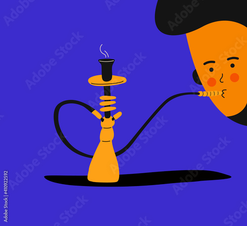 Hookah bar. Hookah smoking concept. Hookah in trendy colors and trendy flat style with a man who smokes it. Tar for smoking. Shisha in cartoon style.