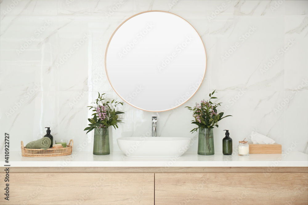Modern bathroom interior with stylish mirror and vessel sink - obrazy, fototapety, plakaty 