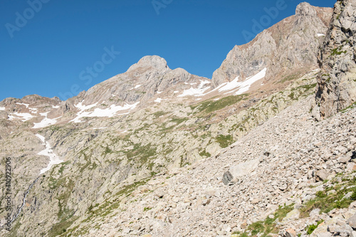 ascent to Garmo Negro peak  Pyrenean mountain range  Huesca  Spain