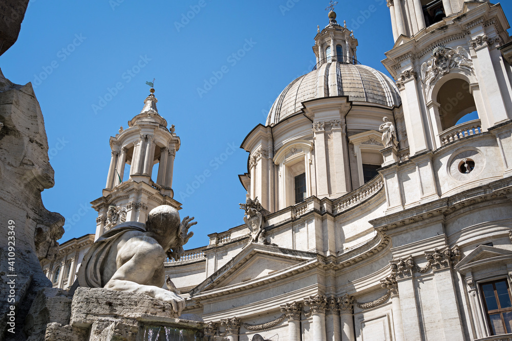 Detail of Four Rivers Fountain in Piazza Navona and church of Santa Agnese in Agone, Rome, Italy, Europe. 