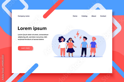 Little boys and girls quarrelling angrily. Kid, child, lightning flat vector illustration. Relationship and disagreement concept for banner, website design or landing web page