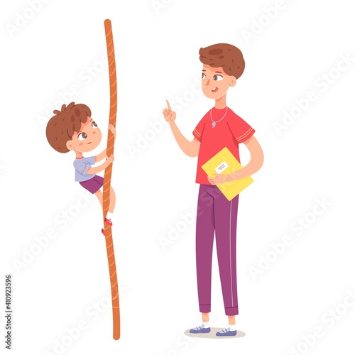 Kid climbing on rope in physical education class at school. Child with teacher doing exercise on tightrope in PE vector illustration. Boy hanging, coach instructing on white background