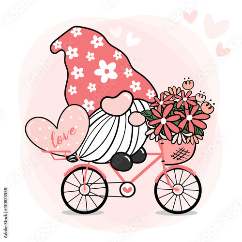 Cute Sweet Pink Gnome Valentine on bike with flower and heart, cartoon doodle vector, Gnome in Love on Bicycle