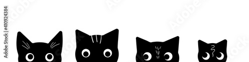 Cat heads silhouettes on white background. Cute kittens peeking out of the bottom of the page. Kitty banner. Vector illustration.
