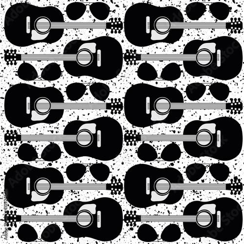 Acoustic guitar vector seamless pattern background. Black and white musical string instrument with sun glasses on grunge textured backdrop. Monochrome geometric repeat for hipster or festival concept