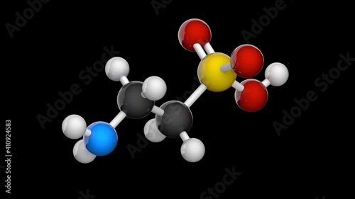 Molecular structure of taurine (2-aminoethanesulfonic acid), C2H7NO3S. Seamless loop. Isolated and rotating on black background + transparent channel (alpha channel).