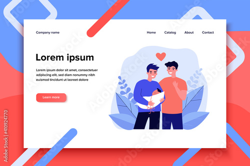 Male gay couple adopting baby. Two happy young men holding new born child flat vector illustration. LGBT family, parenthood, child care concept for banner, website design or landing web page