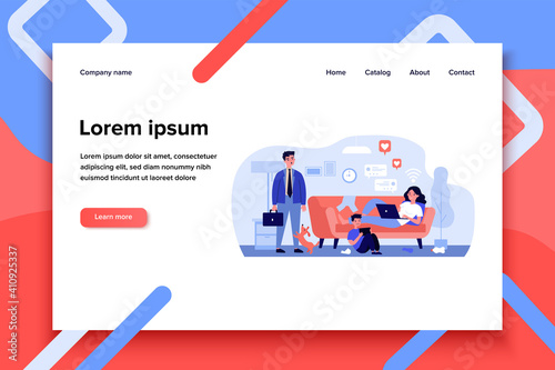 Mom and son with gadgets living on social media chats. Dad getting upset about messy at home. flat vector illustration. Internet addiction concept for banner, website design or landing web page