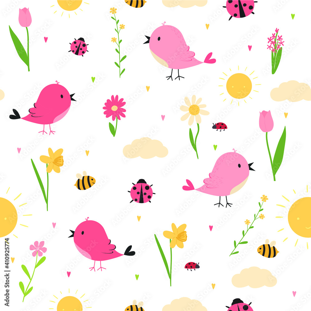 Spring pattern with birds and flowers. Hand drawn flat cartoon elements. Vector illustration Spring pattern with birds and flowers. Hand drawn flat cartoon elements. Vector illustration