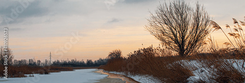 Landscape of a frozen lake in winter in a forest with trees and snow. Banner