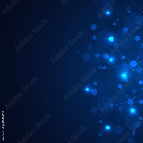 Vector illustration of molecular structure and genetic engineering, molecules DNA, neural network, scientific research. Abstract background for innovation technology, science, healthcare, and medicine